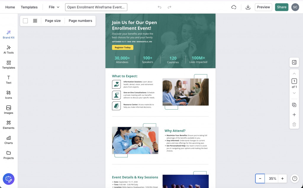 Screenshot of Venngage editor showing a wireframe template